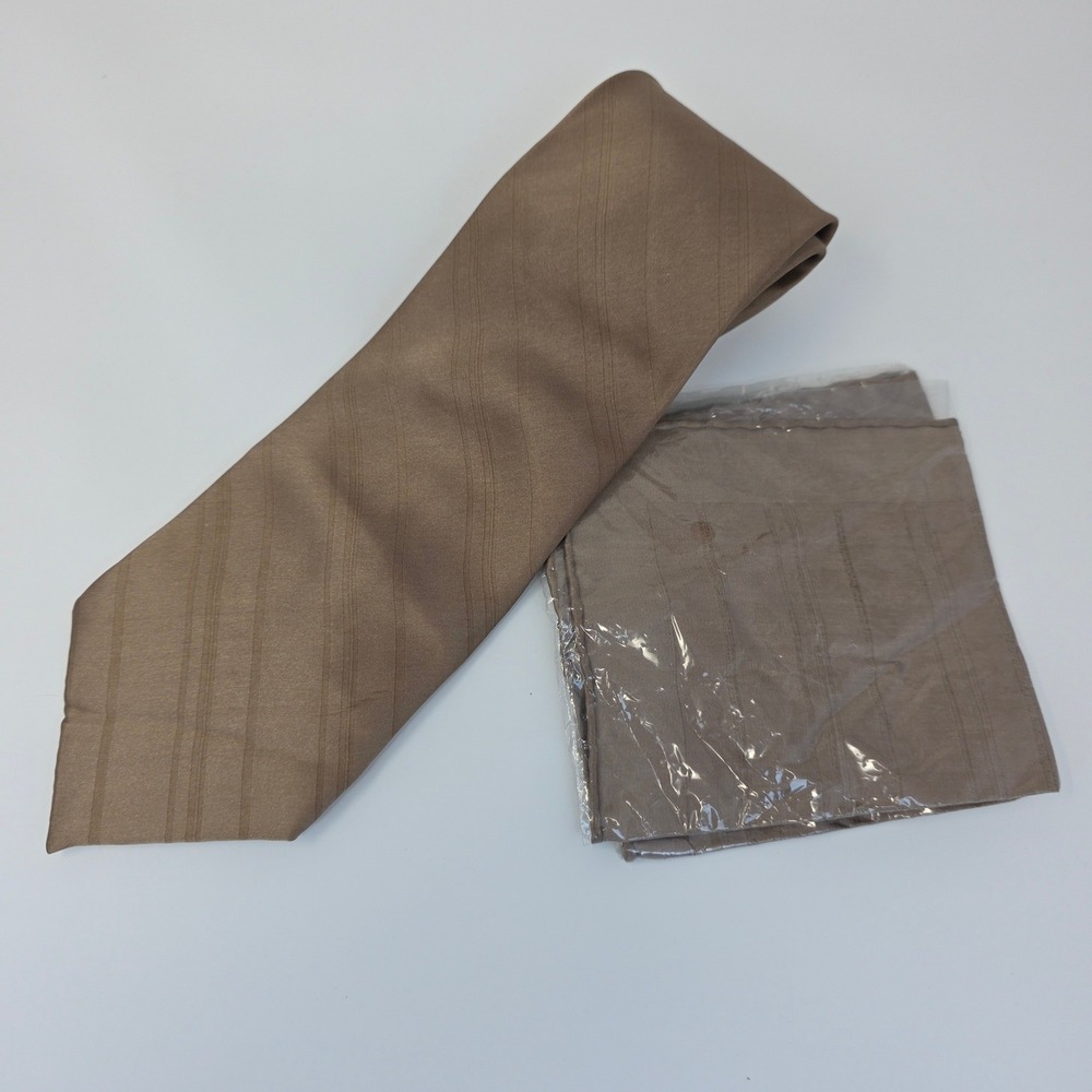 Salvatore Pellegrino Necktie Set Men OS Bronze Gold Silk Tonal Striped Hand Made